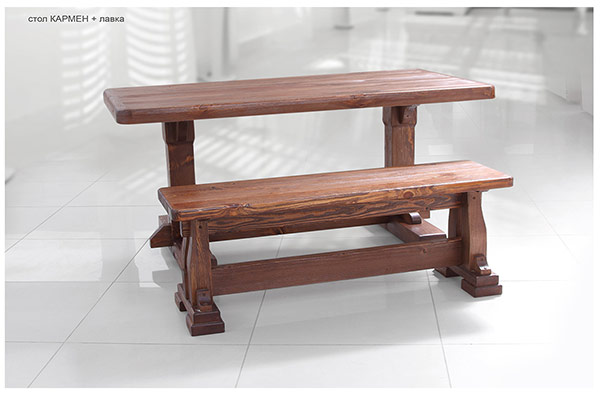 пример стола Кармен и лавки из массива дерева с искусственным старением